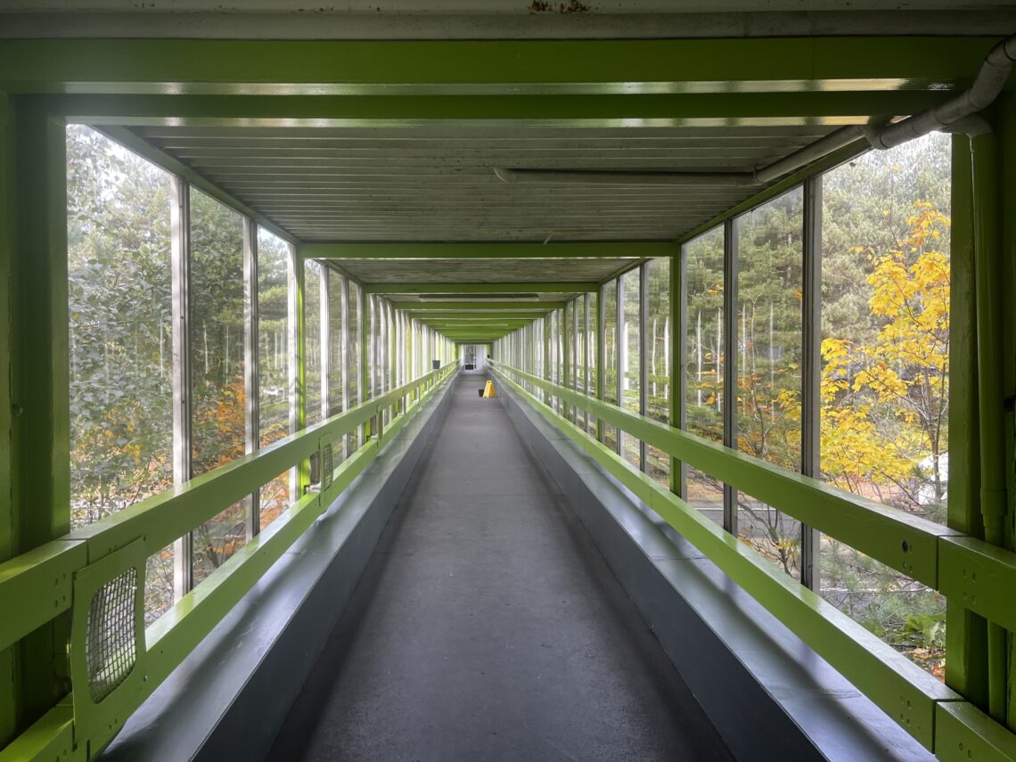 A long, enclosed walkway with green railings and large windows on both sides, showing trees outside. The pathway is empty except for a yellow caution sign in the distance, and the scene has a mixture of green and yellow foliage visible through the glass.