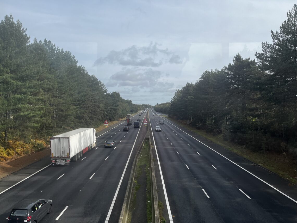 A wide, empty motorway with six lanes in each direction, divided by a grassy median. Cars and a white truck travel in both directions. Tall pine trees line both sides under a cloudy sky. The photo is taken from an overpass above the road.