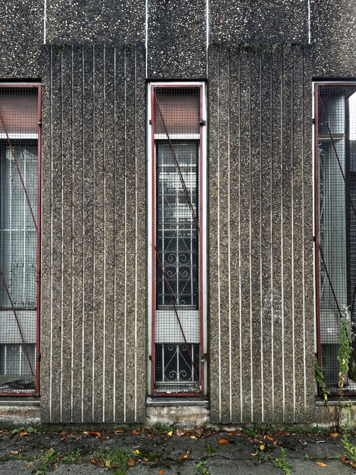 A narrow, barred window set in a textured concrete wall with vertical lines. The window has a metal grille and wire mesh, and is bordered by two wider windows with similar grilles. Fallen leaves and grass are visible at the base along the concrete sidewalk.