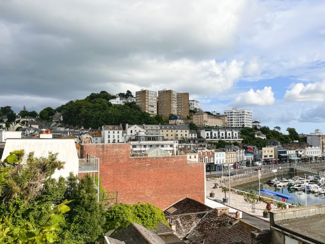 View of a coastal town with hillside buildings, including tall modern flats among trees, older houses below, a prominent brick wall in the foreground, and a marina with many boats on the right, under a partly cloudy sky.