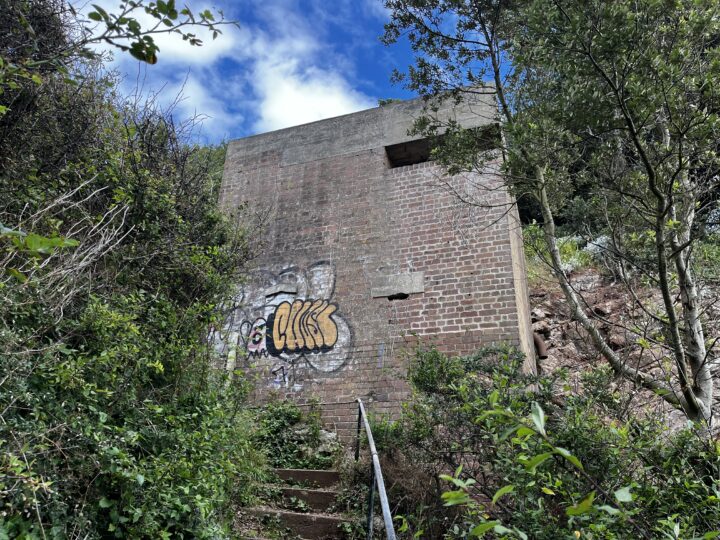 A concrete and brick structure stands among dense greenery. Graffiti, including the word “OAKS,” is spray-painted on the wall. Metal railings and stone steps lead up to the building. The blue sky with clouds is visible above the trees.