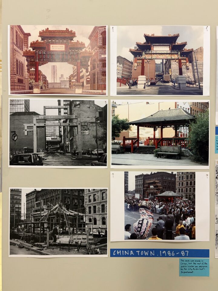 A collage of six photos shows the construction and celebration of a Chinatown gate and pavilion. Four are black-and-white images of the building process, and two are colour photos of finished structures and a street festival crowd. A note reads CHINATOWN 1986-87.